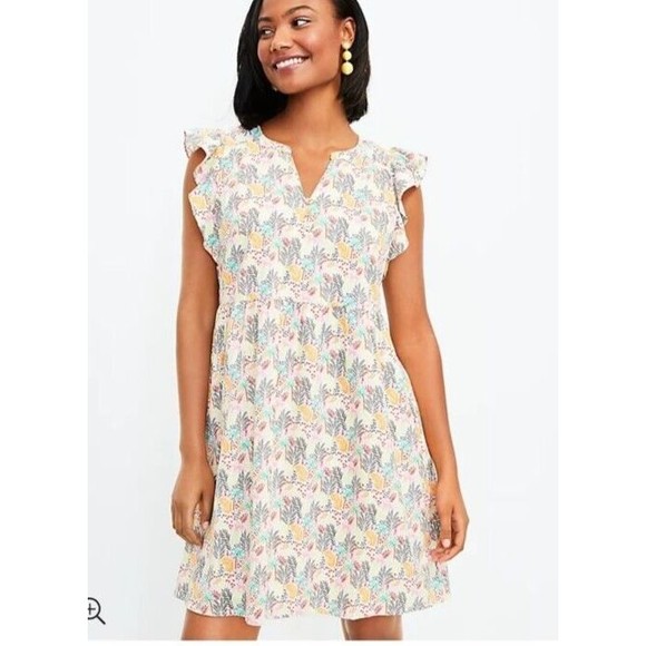 LOFT Dress Womens S Small Paradise Ruffle Button Sleeveless Tropical Flounce - Picture 2 of 15